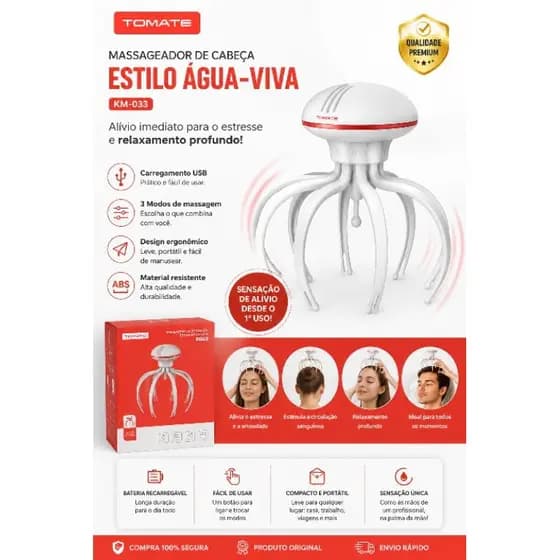 Massageador de Cabeça Elétrico Água Viva Recarregável USB Relaxante Anti Stress