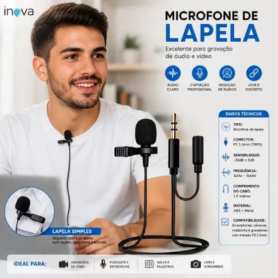 Microfone de Lapela Inova 3.5mm AUX | Áudio Limpo | Ideal para Vídeos e Lives