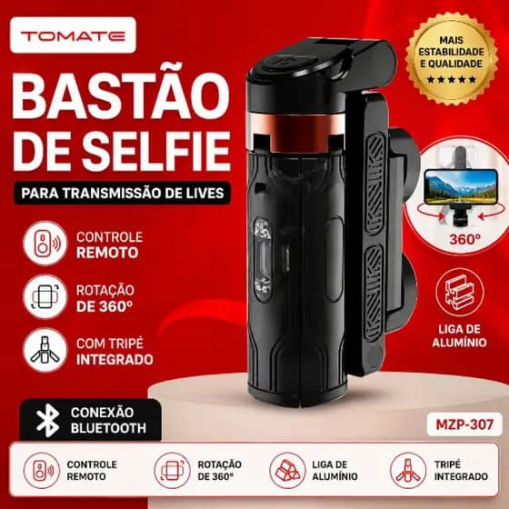 Bastão de Selfie Tripé 2 em 1 com Controle Bluetooth Tomate MZP-307 - Original Profissional para Lives e Fotos