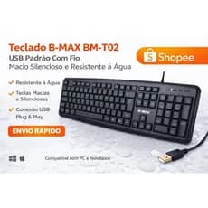 Teclado USB com Fio B-MAX BM-T02 | Silencioso | Resistente à Água | ABNT2 | Plug & Play