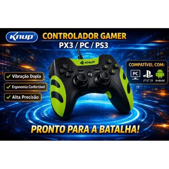 Controle Joystick KNUP KP-4040 USB com Fio para PC, Notebook e PS3 – DualShock Analógico Gamer