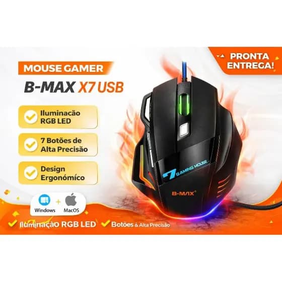 Mouse Gamer B-MAX X7 USB com LED | 7 Botões | Alta Precisão | Design Ergonômico