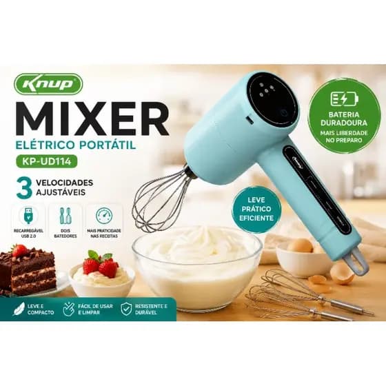 Mixer Elétrico Portátil Recarregável Knup KP-UD114 3 Velocidades USB Batedor de Massas e Cremes