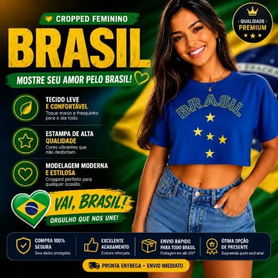 Camisa Feminina Brasil Estampada Baby Look Algodão Premium