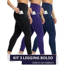 Kit 3 Calça Legging Feminina Com Bolso Lateral Academia Fitness Cós Alto Suplex Não Fica Transparente