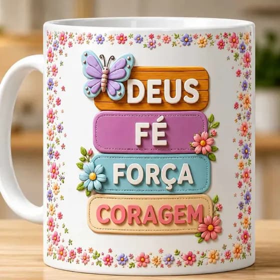 Caneca Deus Fé Força Coragem 325 ml Porcelana
