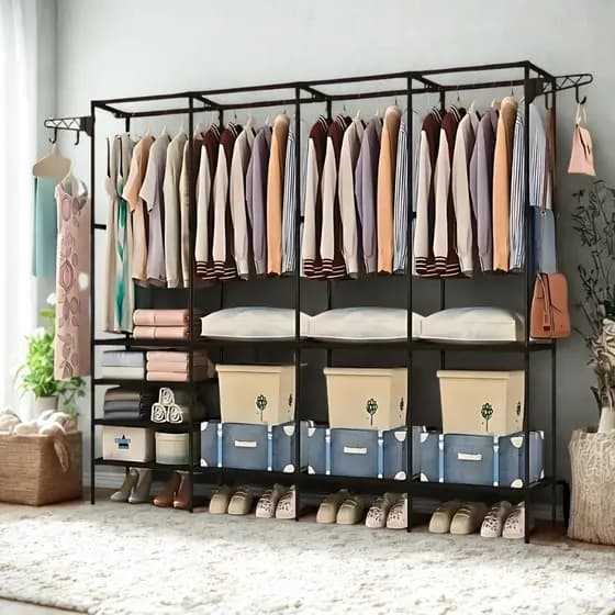 Cabideiro Casal Closet Arara com Prateleiras Organizadora de Roupas Solteiro Portátil Desmontável