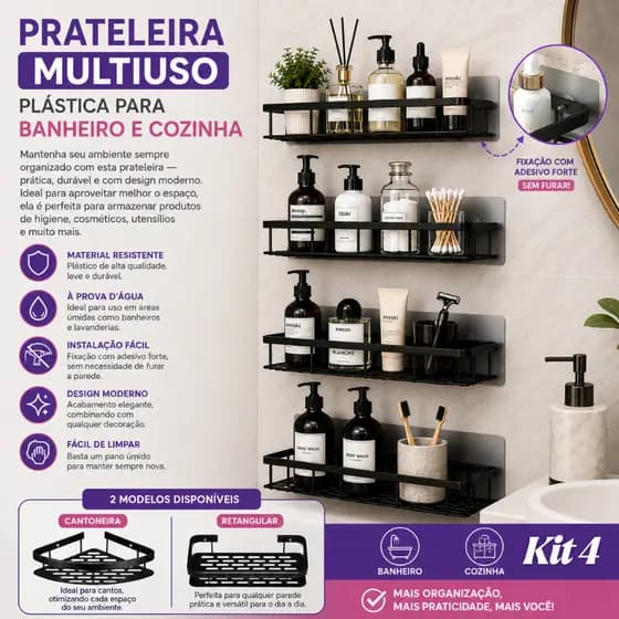 Kit 4 Suporte Organizadores de Parede para Banheiro sem Furos em Plástico ABS