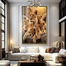 Quadro Decorativo GRANDE Alta Resolução Para Sala Quarto Escritório Leoa com cinco filhotes vertical