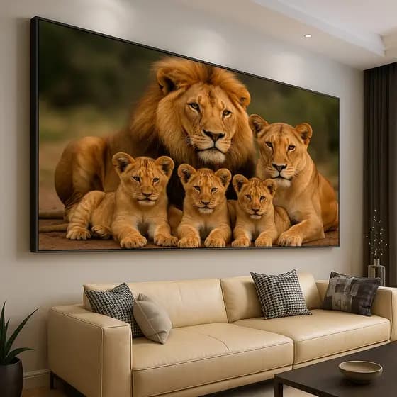 Quadro Decorativo GRANDE Alta Resolução Escritório Quadro Familia de Leão com 3 filhotes horizontal