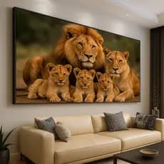 Quadro Decorativo GRANDE Alta Resolução Escritório Quadro Familia de Leão com 3 filhotes horizontal