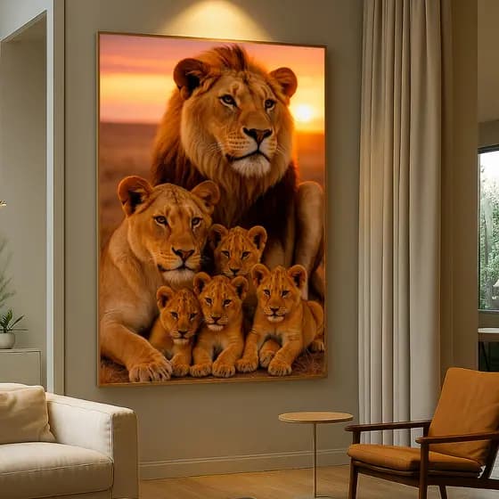 Quadro Decorativo GRANDE Alta Resolução Escritório Quadro Familia de Leão por do sol 4 filhotes