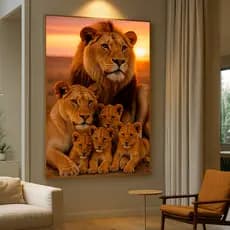 Quadro Decorativo GRANDE Alta Resolução Escritório Quadro Familia de Leão por do sol 4 filhotes