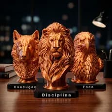 Kit Esculturas Decorativas Lobo Leão Águia Foco Disciplina Execução | Estatuetas Decoração Mesa Escritório | Cor Bronze