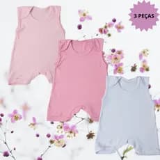 KIT 3 PEÇAS MACACÃO CURTO ROMPER REGATA SUEDINE 100% ALGODÃO