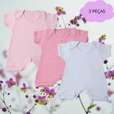 KIT 3 PEÇAS MACACÃO CURTO ROMPER MANGA CURTA SUEDINE 100% ALGODÃO