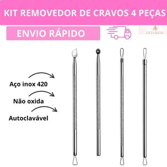 Removedor de Cravos Profissional Inox 4 Peças Kit Limpeza de Pele Extrator Facial