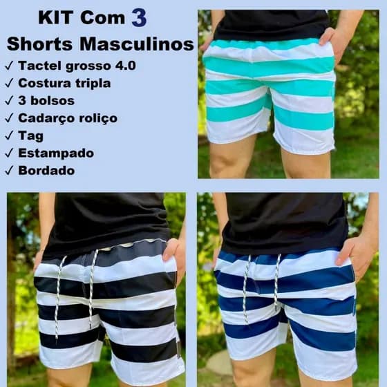 Kit 3 Short Bermuda Masculino Tactel Moda Praia Verão  - Envio Rápido