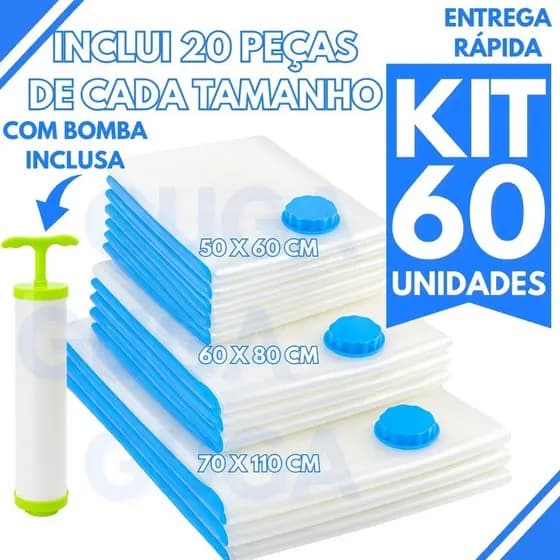 Kit 60 Sacos a Vácuo com Bomba Inclusa, 20 de 40x60cm, 20 de 60x80cm e 20 de 70x100cm, Organizadores