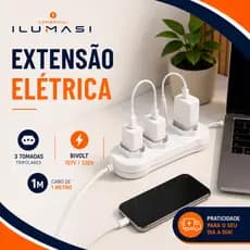 Extensão Elétrica Régua de Energia Reforçada Branco Bivolt 127/220V 10A 1Metro 3 Tomadas