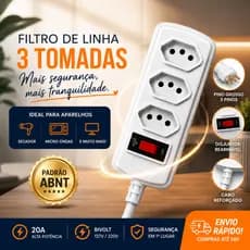 Filtro de Linha Extensão 3 Tomadas Régua 1,5 metros Reforçada 20A Pino Grosso Secador Micro-ondas