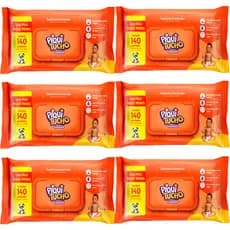 Kit Econômico 6 Toalhas Lenços Umedecidos Piquitucho 140 Folhas Bebê Hidrate Sem Álcool
