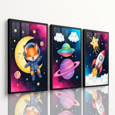 QUADRO DECORATIVO PAREDE INFANTIL ESPAÇO QUARTO MENINA MDF 3 PEÇAS