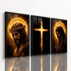 KIT 3 PEÇAS QUADRO RELIGIOSO JESUS CRUZ NOSSA SENHORA MDF VÁRIOS TAMANHOS