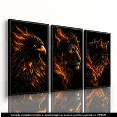 Quadros Decorativos Águia Leão Lobo Fogo Arte Moderna Luxo Sala Escritório Painel 3 Peças 60x40