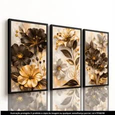 Quadros Decorativos Flores Douradas Arte Floral Moderna Luxo Sala Quarto Escritório Kit 3 Peças 60x40