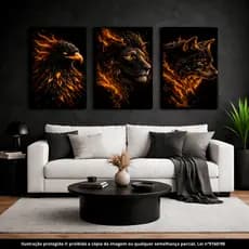 Kit 3 Quadros Decorativos Animais de Poder: Leão, Águia e Lobo em Chamas Gold Modernos Sala e Escritório Quadros Luxo