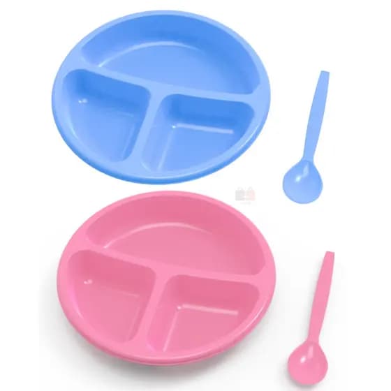Kit Refeição Infantil Prato Talher Com 3 Divisórias + Colher Baby Introdução Alimentar Bebê 600mL Multiuso