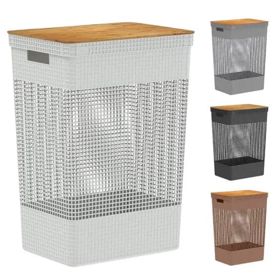 Cesto De Roupa 49 Litros C/ Tampa De Bambu Linha Grid Premium Multiuso Lavanderia - OU