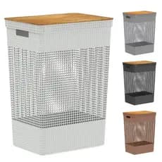 Cesto De Roupa 49 Litros C/ Tampa De Bambu Linha Grid Premium Multiuso Lavanderia - OU
