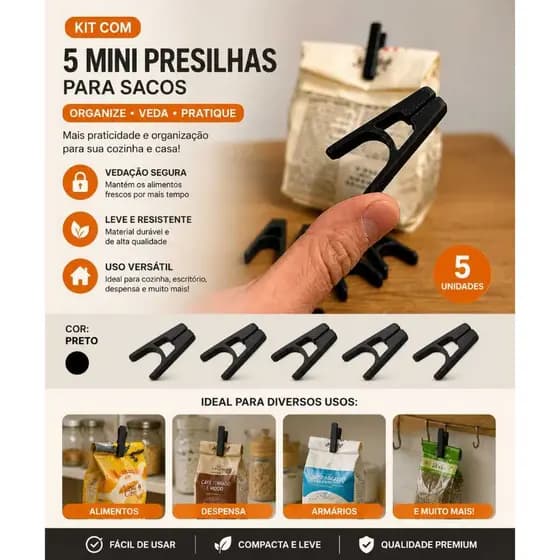 Kit com Mini Presilhas Prendedores para Sacos Multiuso | Vedação Hermética Organizador de Cozinha