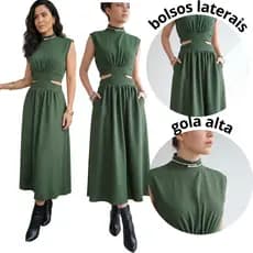 vestido feminino longo com bolso ziper duna premium inverno Vestido Feminino Midi com Recortes Laterais Elegante Moderno