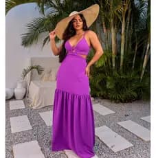 vestido longo duna decote lateral amarração nas costas preto branco roxo
