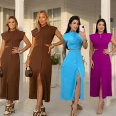 Vestido Midi Cut Out Com Botões Funcionais Forrado Sem Bojo Casual Elegante Do Tênis Ao Salto Casual Elegante Confortáve
