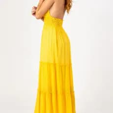 Vestido Amarelo Elagante Longo, Frente Única, Moda de Primavera