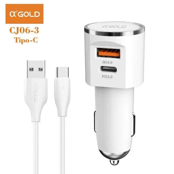 Kit Carregador Veicular Usb/Tipo-C ou IOS Turbo 60w  9.1A Cor Branco