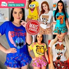 Pijama Verão Blusinha com Shorts Baby Doll Luxo Personagens