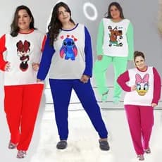 Pijama Luxo Inverno Personagens Feminino Barato Blusa e Calça PLUS SIZE
