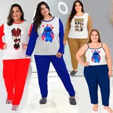 Pijama Feminino PLUS SIZE Barato Blusa e Calça Luxo Inverno Personagens