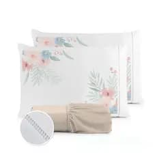 Kit Jogo de Lençol Solteiro Fronha Estampada Micropercal 400 Fios Ponto Palito - Flor Rosa NOVAS ESTAMPAS