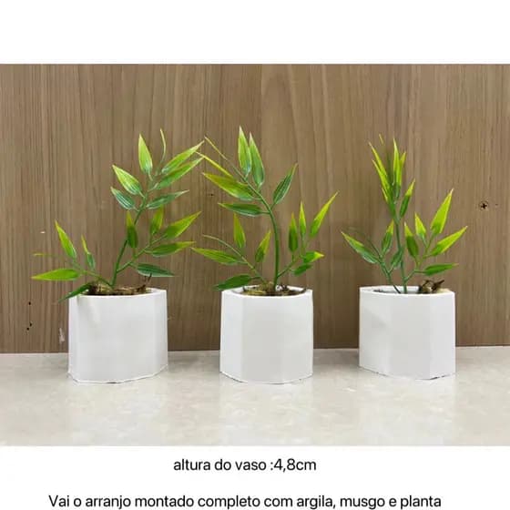 kit 3 vasos de gesso coluna, com folha de bambu artificial