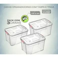 Kit Com 3 Caixas Organizadoras Transparente 12 Litros