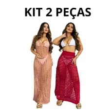 Kit Saida De Praia Saia E Vestido Tricot Moda Verão Cores Sortidas