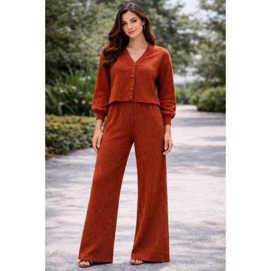 Conjunto Feminino Elegante De Frio Inverno Blusa Manga Longa Casaquinho Calça Solta
