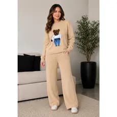 Conjunto Feminino de Tricô Ursinho Manga Longa Calça Solta Confortável