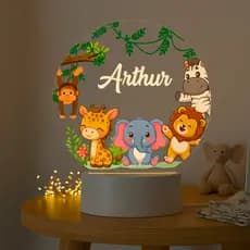 Luminária Infantil Safari Baby Com Nome Personalizado A Sua Escolha Leão Elefante Girafa Quarto Bebê